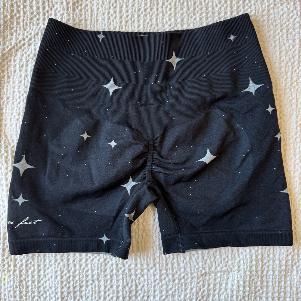 Darc Sport Black Athletic Bike Shorts with White Star and Graphic Accents - Picture 3 of 4